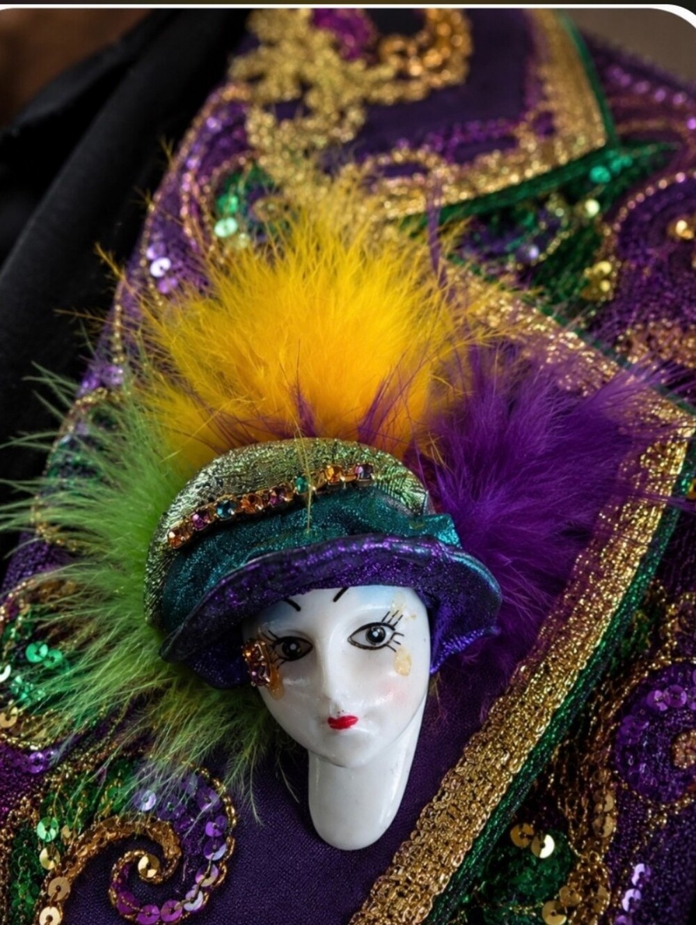 Mardi Gras Colorful Feathered Face Brooch — Purple, Green, Yellow Accents